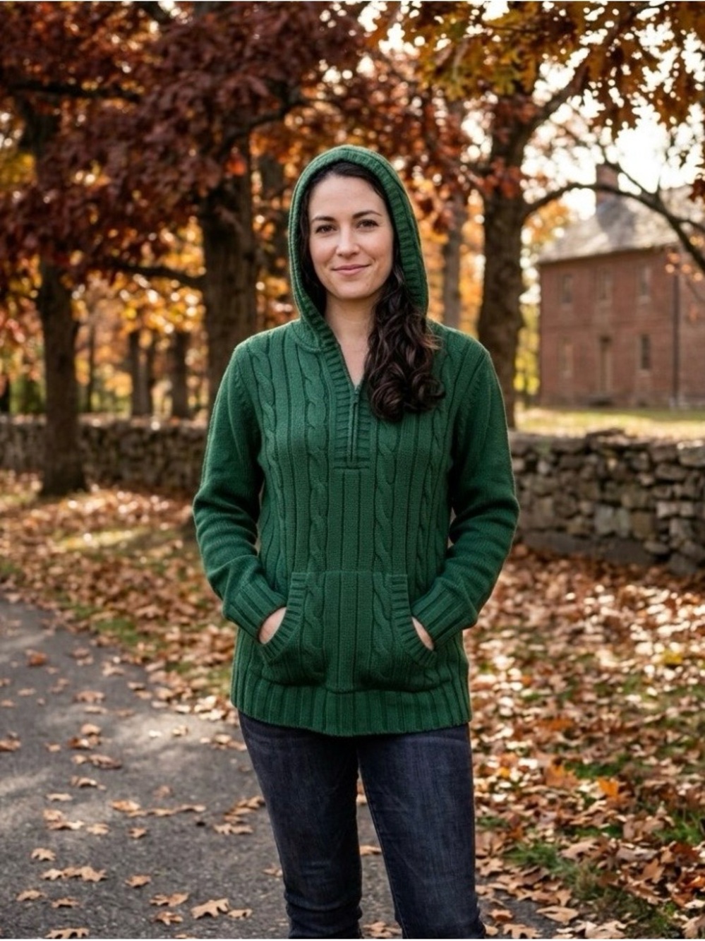♥️❄️Christopher &Banks Green Cable-Knit Hooded Sweater for Women Size XL